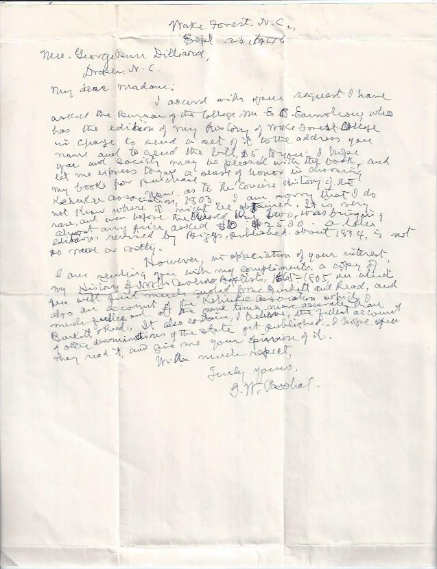 Image for Autographed Correspondence Concerning Books by Paschal : History of Wake Forest College, History of North Carolina Baptists